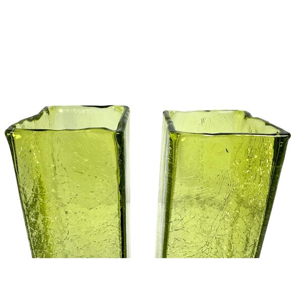 Art Glass MCM Pale Yellow Green Crackle Glass Rectangular 10" Vintage Vases-Pair - Picture 3 of 9